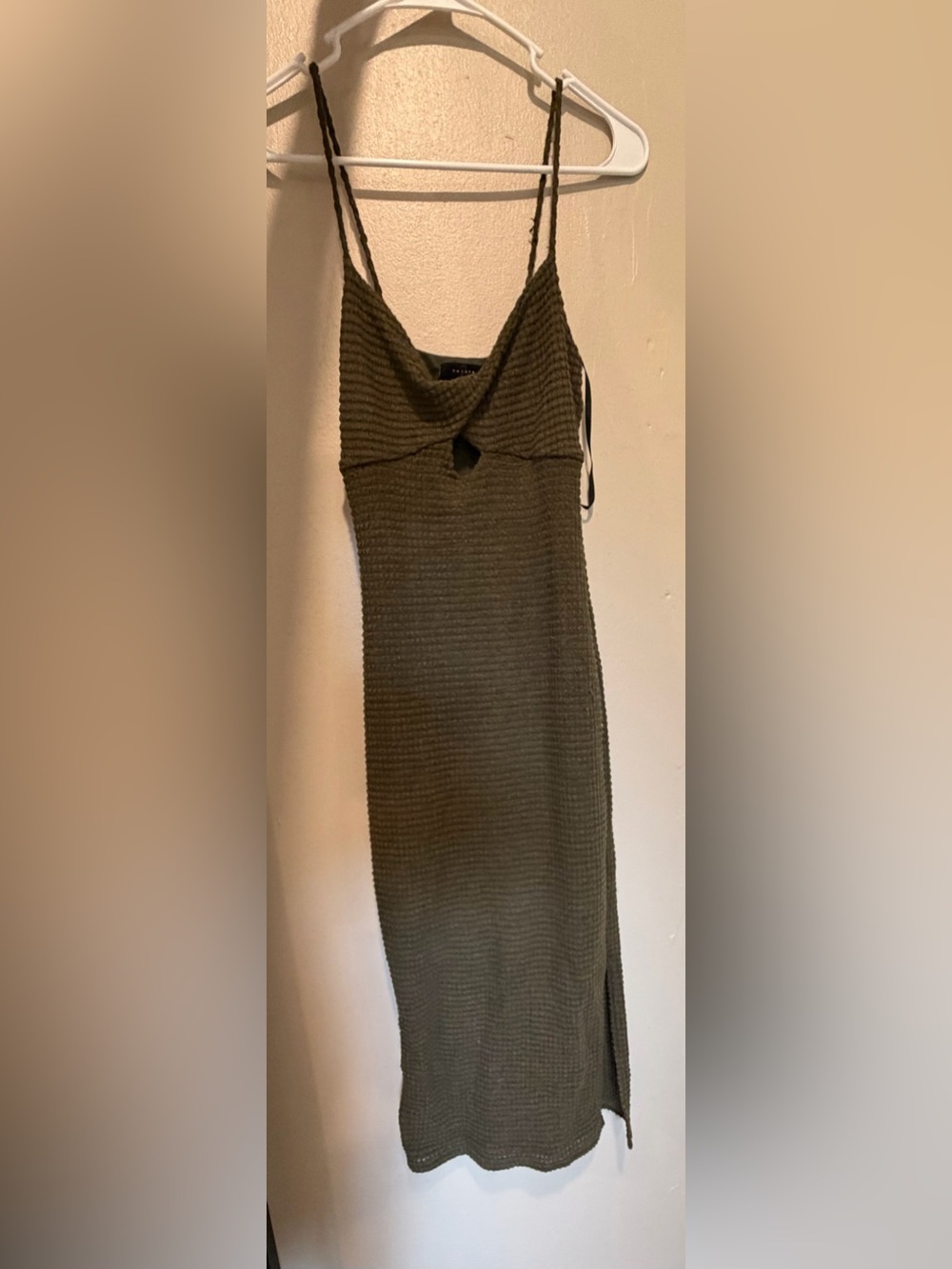 Olive Ribbed Midi Dress with Twist Detail